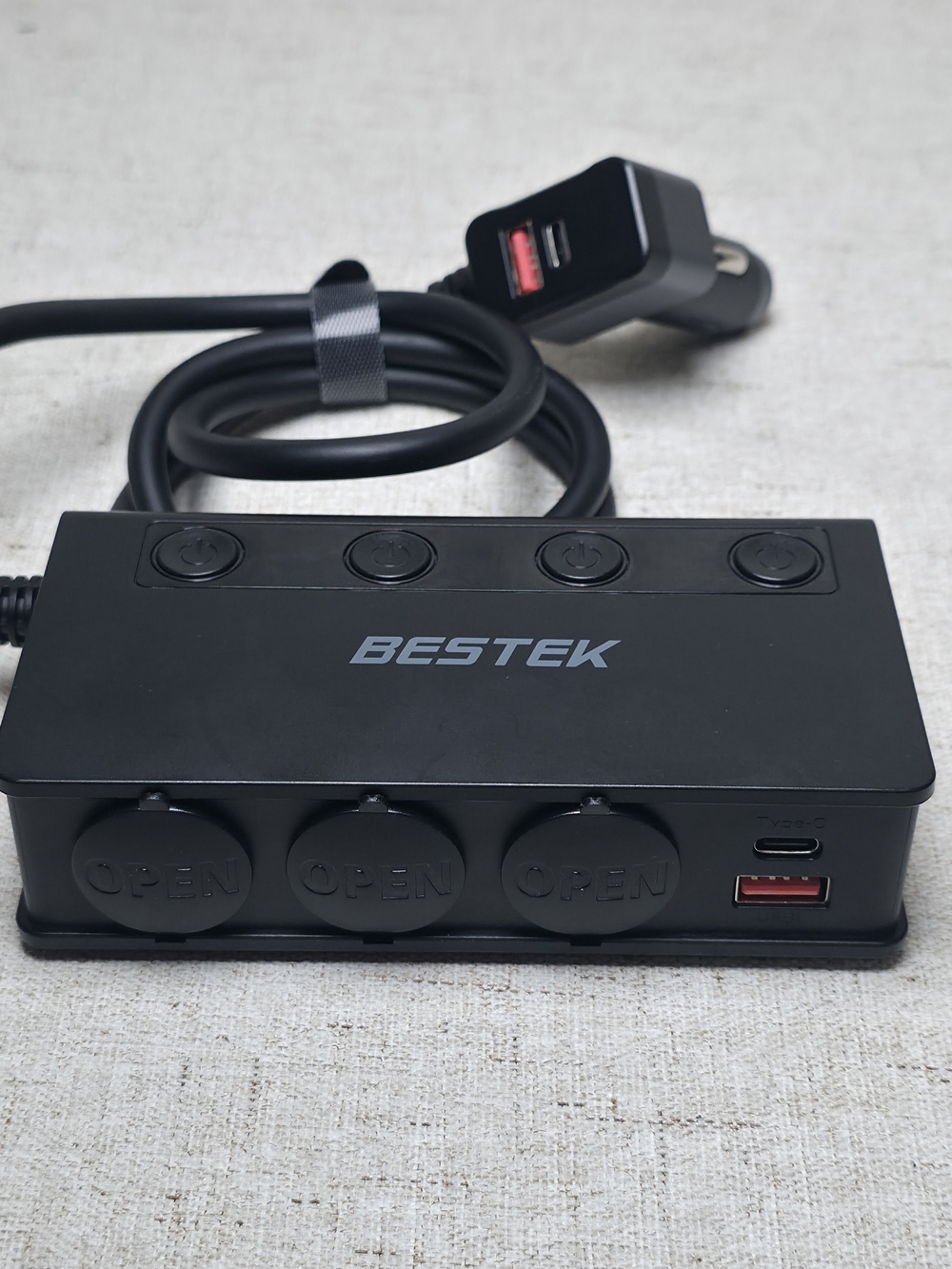 Black Car Power Splitter with USB-C and USB-A Ports